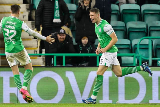 Will Fish celebrates scoring his only goal for the Hibees vs Aberdeen