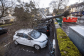 Fallen tree on four cars in Linlithgow during Storm Isha. As much of the country is covered by Amber Wind Warning. January 22 2024. Winds up to 100 mph tore through the UK overnight causing widespread damage.
