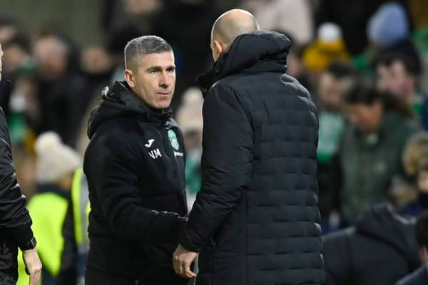 Hibernian boss Nick Montgomery and Rangers manager Philippe Clement shake hands at full time 