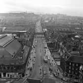 Aerial photo of Leith Walk, showing the old railway bridge, which is no longer there, and the foot of Leith Walk looking north to Princes Street in October 1977.