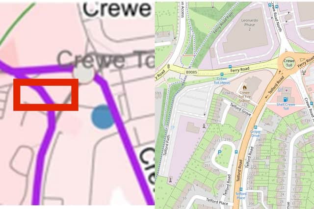 The map seems to show the tramline running through Crewe Toll fire station.