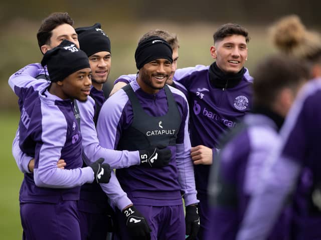All together now - a mix of established starters and new signings in high spirits at Hibs training yesterday.