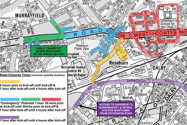 A map of road closures in and around Murrayfield for Scotland v France