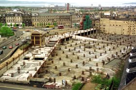 An aerial view of Leith Street and the construction of the new Omni Centre at Greenside Place, taken in April, 1997.