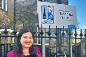 Cllr Simita Kumar, The SNP Education Spokesperson outside Edinburgh's Gaelic school