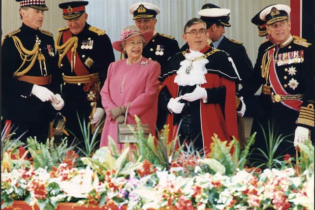 Lord Provost Norman Irons with Queen Elizabeth II and the Duke of Edinburgh in 1994 at the state visit of the Norwegian Royal Family. Picture: C Watt/TSPL.
