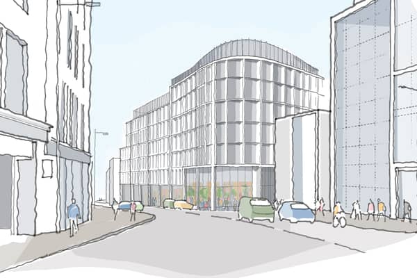 An artist's impression of the changes proposed to the office building which fronts onto Leith Street, Greenside Row (the pedestrian street along the Omni frontage) and Greenside Place.
