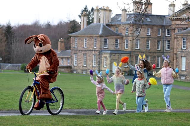Pictured chasing the Dalkeith Country Park Easter bunny are sisters Sadie Watkins (aged four) and Phoebe Watkins (aged seven), Juliette Thomson (aged seven and from North Berwick), Elijah Mitchell (aged nine) and Alexandra Thomson (aged 11).
Photo by Colin Hattersley.