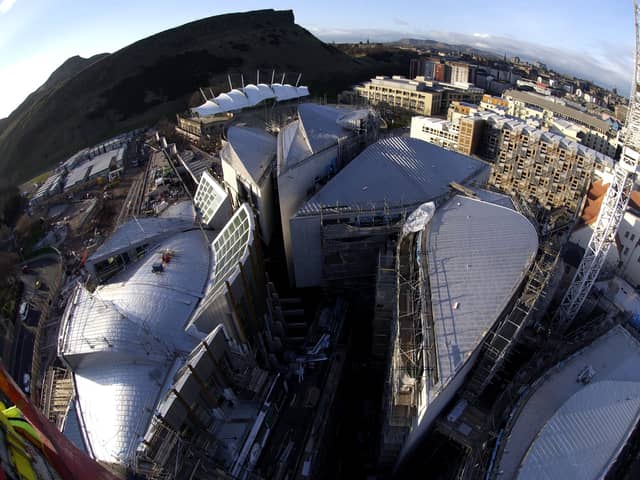A view of the construction of the new Scottish Parliament under construction in March, 2004, taken from the last crane on site.