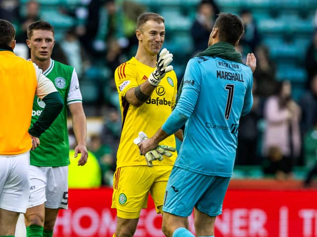 David Marshall - picture with Celtic goalie Joe Hart - picked up a hamstring injury last weekend.
