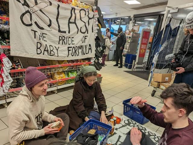 This is Rigged stage picnic 'protest' in Sainsburys at Edinburgh Waverley station. Four people were arrested and charged.