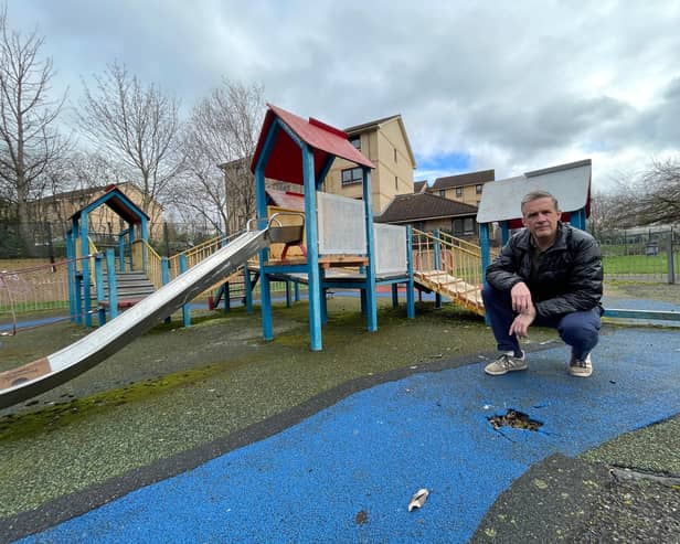 Cllr Christopher Cowdy at the Moat Drive playpark in Slateford.