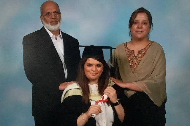 Fawziyah Javed with her parents Mohammed and Yasmin.
