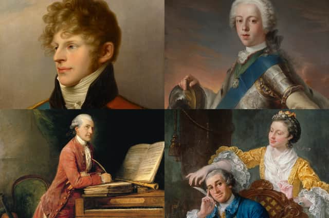 Some of the paintings to be included in the Style & Society: Dressing the Georgians exhibition, including a painting of Bonnie Prince Charlie (top right) by Louis Gabriel Blanchet.