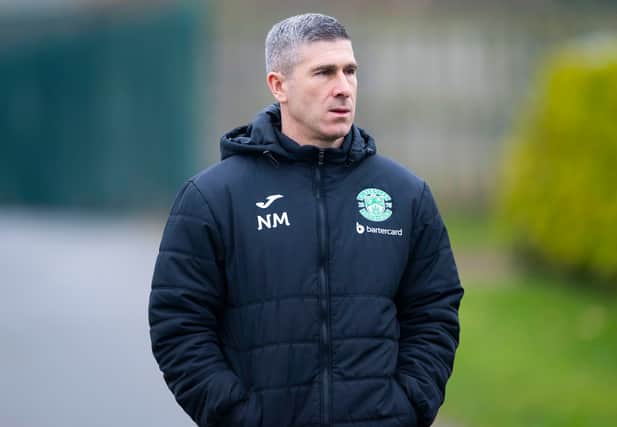 Montgomery pictured at Hibs training earlier today.