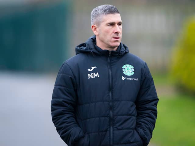 Montgomery pictured at Hibs training earlier today.