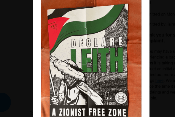 The IWW poster calling for Leith to be declared a Zionist-free zone.