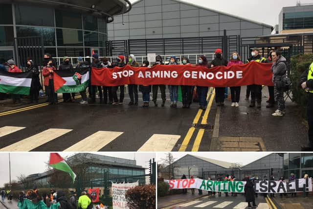Campaigners staged a demonstration outside the Leonardo building in Edinburgh this morning. Photo: Gaza Genocide Emergency Committee