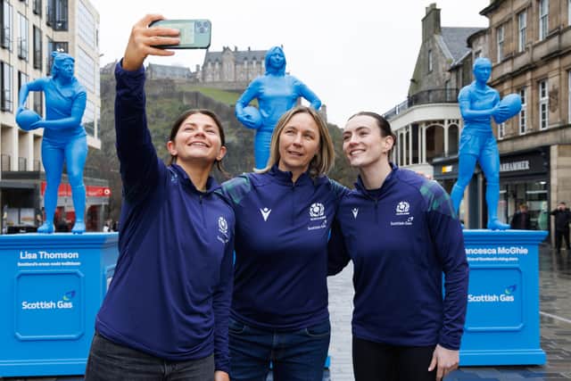 Left to Right : Lisa Thomson, Donna Kennedy and Francesca McGhie pose with their statues