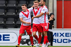 O'Connor is congratulated by his Airdrie team-mates after scoring on the road to this afternoon's SPFL Trust Trophy Final.