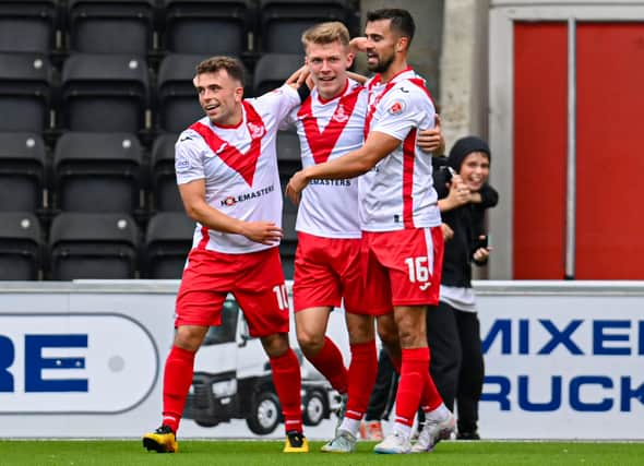 O'Connor is congratulated by his Airdrie team-mates after scoring on the road to this afternoon's SPFL Trust Trophy Final.