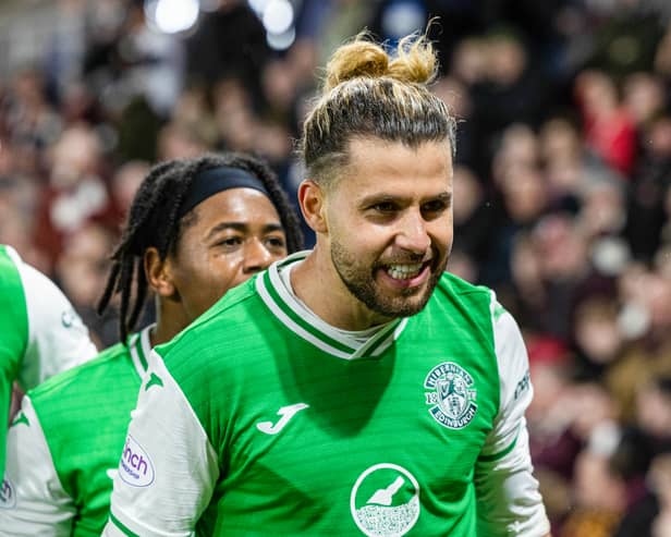 Marcondes celebrates opening the scoring in last month's draw at Tynecastle.