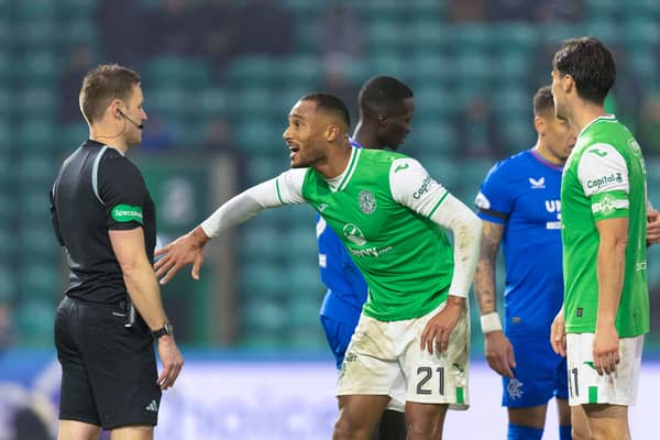 Jordan Obita complains in vain about his second booking in this month's Scottish Cup loss to Rangers at Easter Road.