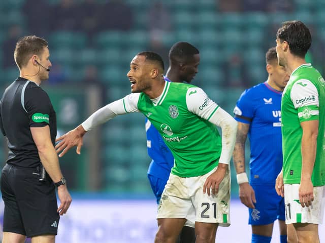 Jordan Obita complains in vain about his second booking in this month's Scottish Cup loss to Rangers at Easter Road.
