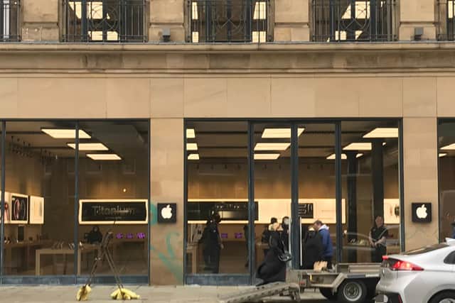 Shop windows at Edinburgh's Apple Store on Princes Street were vandalised on Saturday, March 30