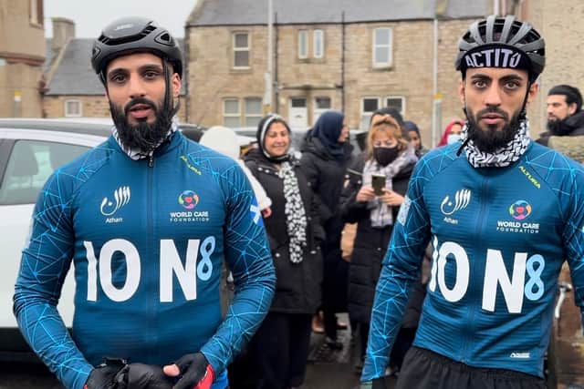 Reehan and Abdul Rahman pictured before setting off from Bonnyrigg on April 1 for the Pedal 2 Hajj campaign to raise funds for the people of Gaza. 