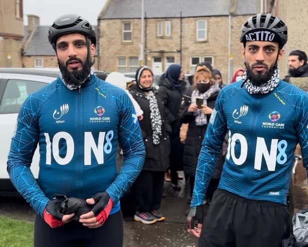 Reehan and Abdul Rahman Ali pictured before setting off from Bonnyrigg on April 1 for the Pedal 2 Hajj campaign to raise funds for the people of Gaza. 