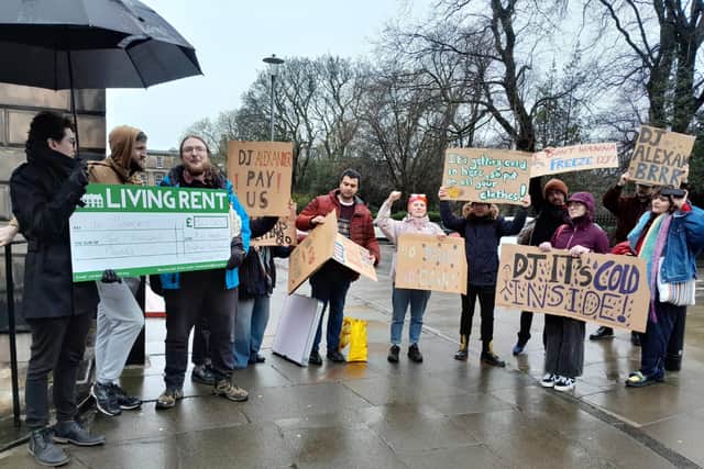 Edinburgh flatmates Stuart and Rory joined Living Rent to protest outside D.J. Alexander on Friday, April 5 