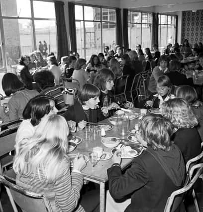 Children eating school dinners at Forrester High School in Edinburgh in September 1977.