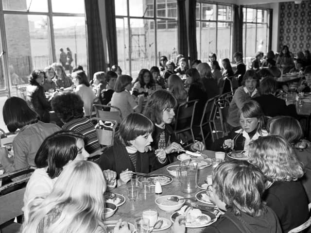 Children eating school dinners at Forrester High School in Edinburgh in September 1977.