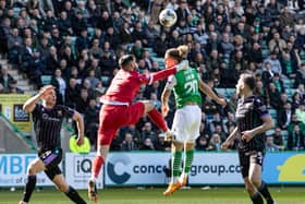 No hard feelings? Mitov and Marcondes clash at Easter Road. 
