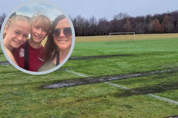 Gorebridge mum Sarah Murray, pictured inset with her football loving daughters Lucie (left) and Sophie, is angry at the state of the Midlothian Council football pitches at Gore Glen.