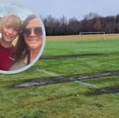 Gorebridge mum Sarah Murray, pictured inset with her football loving daughters Lucie (left) and Sophie, is angry at the state of the Midlothian Council football pitches at Gore Glen.
