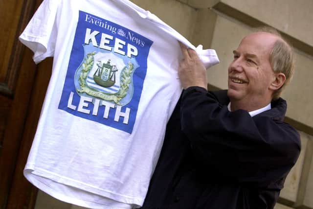 Leith's then MSP Malcolm Chisholm with a Keep Leith T-shirt, as part of a protest against proposals in 2002 to drop Leith from the constituency name.