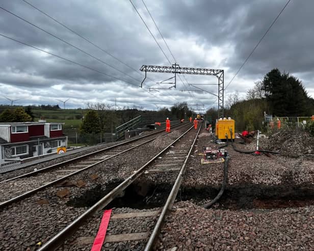 The sinkhole at Caldercruix was discovered by track engineers on April 21 and the line has been closed to allow investigation work to be undertaken. 