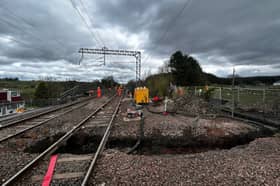 The sinkhole at Caldercruix was discovered by track engineers on April 21 and the line has been closed to allow investigation work to be undertaken. 