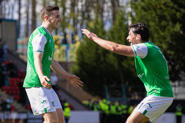 O captain, my captain! Stand-in skipper Joe Newell is the first to congratulate Paul Hanlon on his goal.
