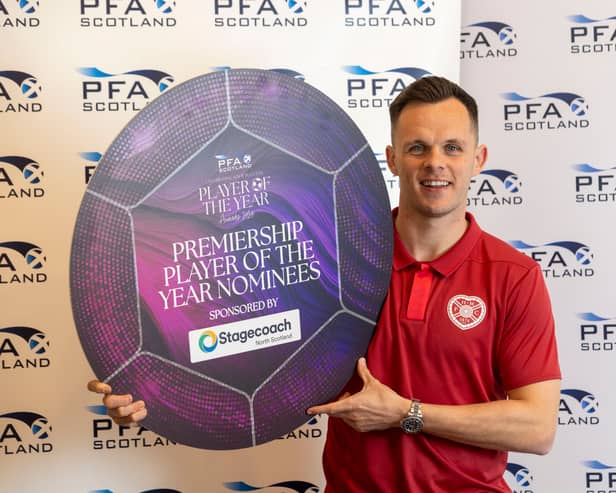 Hearts striker Lawrence Shankland has been nominated for PFA Scotland Player of the Year.
