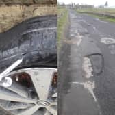 Potholes on the B6372 at Gladhouse in Midlothian have damaged vehicles, including Jon Steele's car which had a blowout (left) after hitting a pothole.