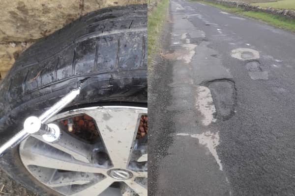 Potholes on the B6372 at Gladhouse in Midlothian have damaged vehicles, including Jon Steele's car which had a blowout (left) after hitting a pothole.