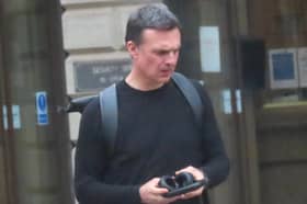Former Hibs player Graeme Love, 50, pictured outside Edinburgh Sheriff Court, lashed out with his arms and legs in an attempt to evade arrest after officers had been called out to remove him from a property in Leith, Edinburgh.