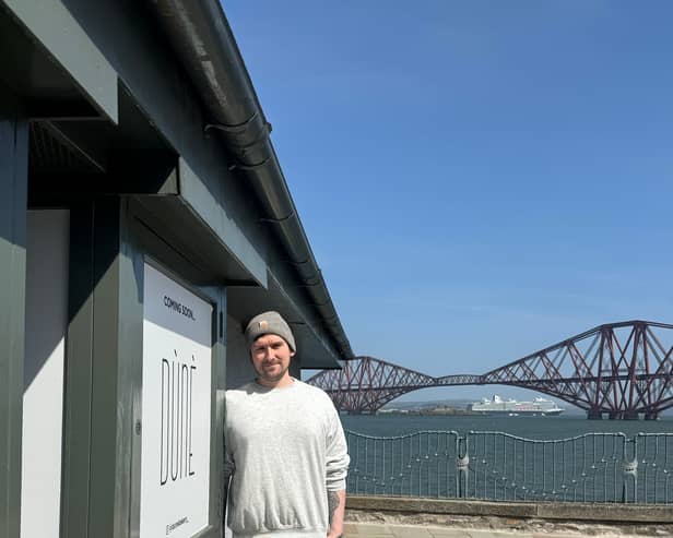 Dune owner Lewis Gill, 36, outside his new bakery, set to open this weekend in South Queensferry in the shadow of the Forth bridges.