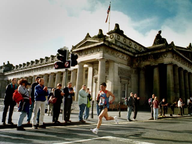 Andres Espianosa strides along Princes Street past the Mound on the way to winning the 1999 Edinburgh Marathon with a time of two hours, 14 minutes and 31 seconds.