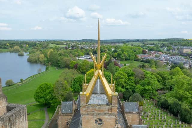 The spire of Linlithgow's St Michael's Church has had its golden gleam restored.  Picture: Images Above Ltd