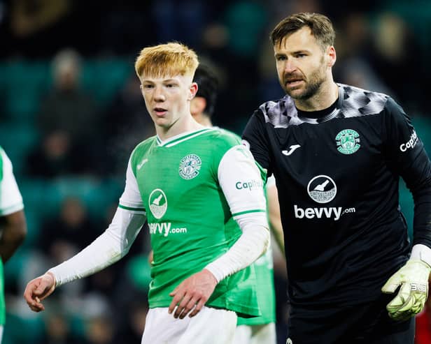 Rory Whittaker and David Marshall - combined age 55 - in action for Hibs.
