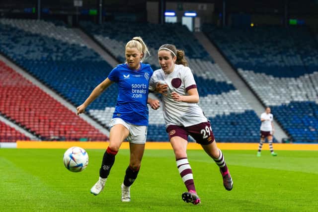 Rangers Brogan Hay and Hearts Jessica Husband in action
